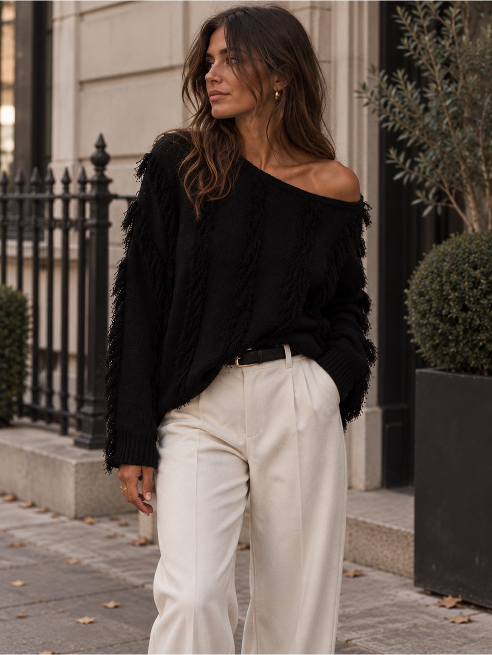 Chaser Black Fringe Textured Knit Sweater Oversized Pullover S Boho Quiet Luxury